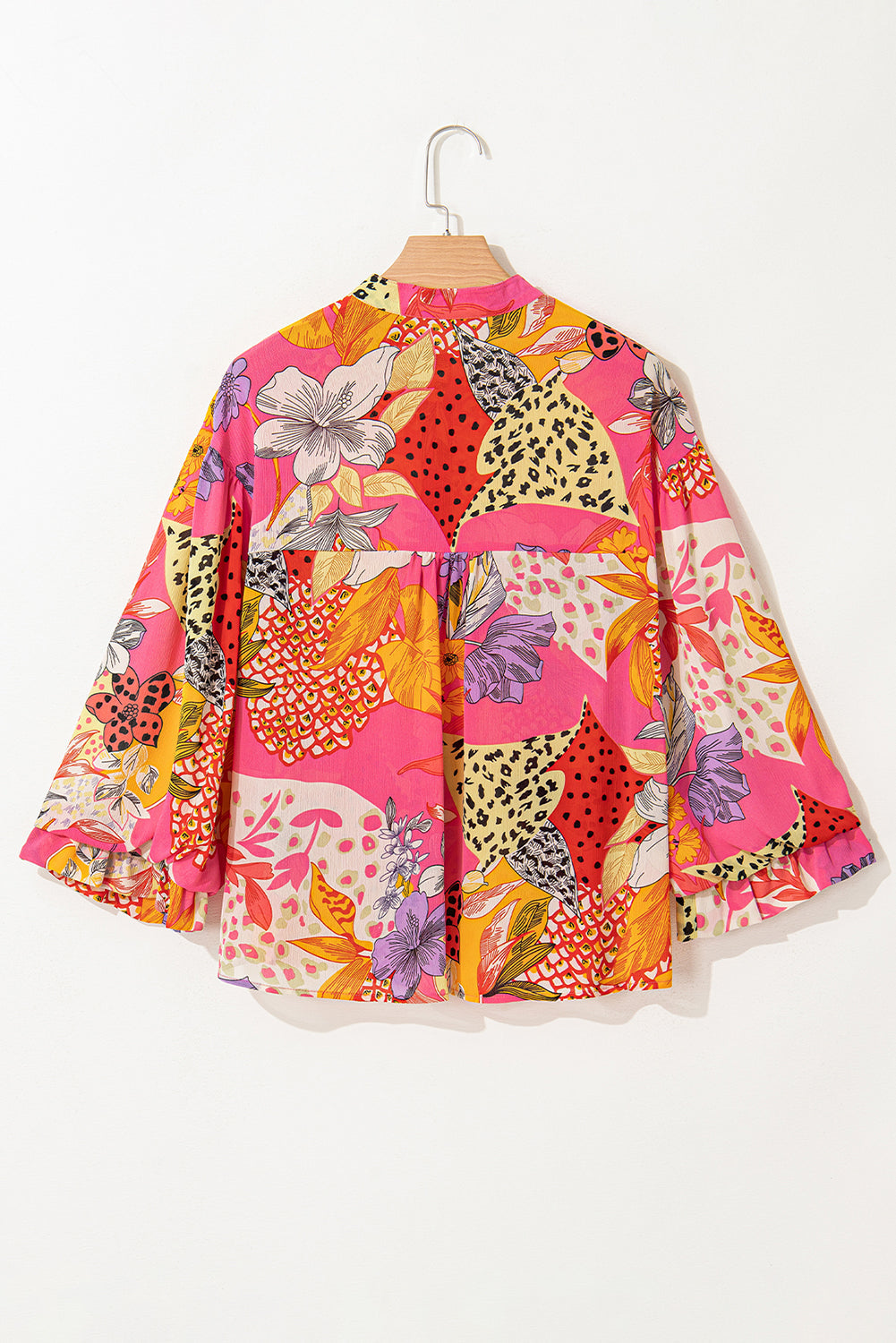 Floral Abstract Buttoned Ruffle Bubble Sleeve Shirt
