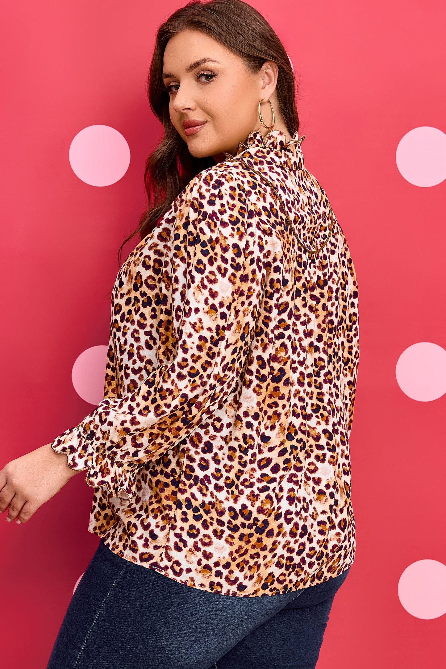 Plus Size Leopard Frilled Stand Neck Blouse
