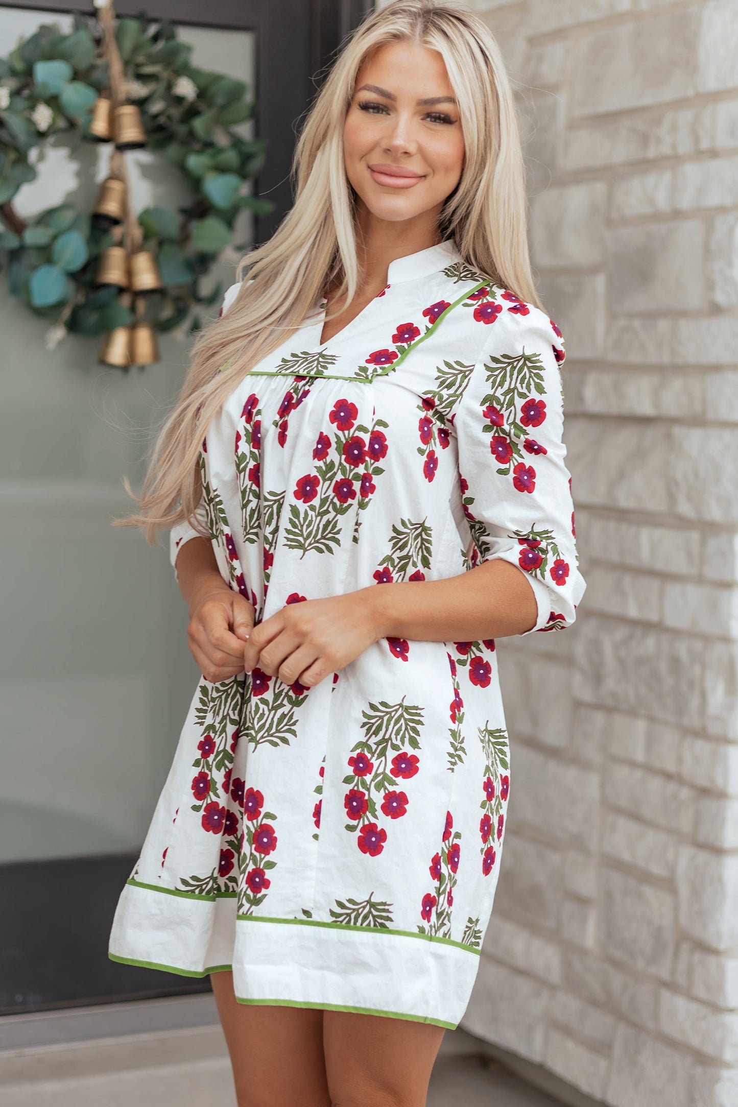 Floral Notched V-Neck 3/4 Sleeve Dress
