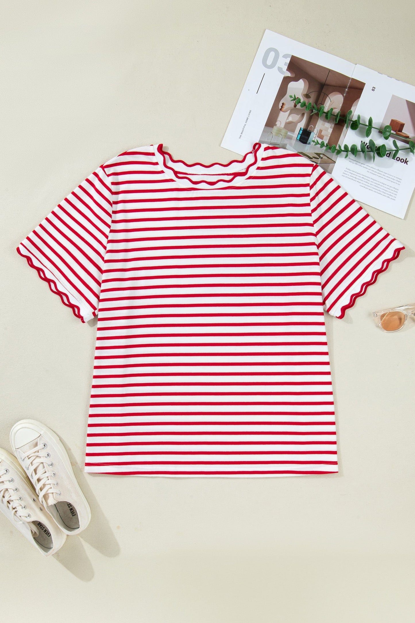 Plus Size Stripe Scalloped Trim Round Neck Top