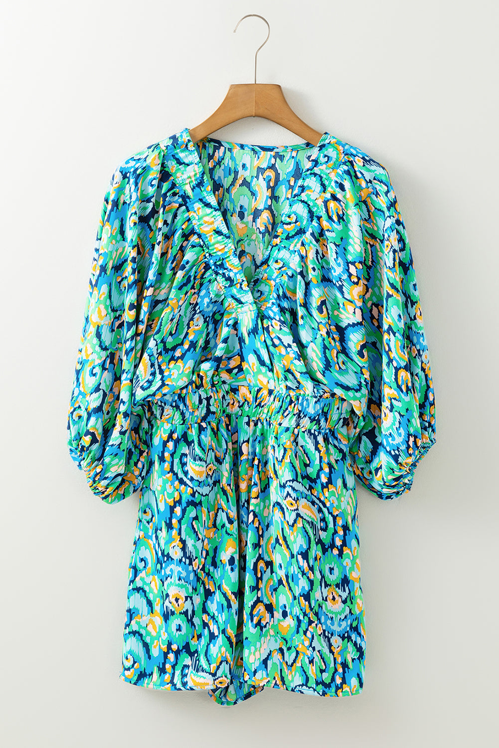 Abstract Puff Sleeve V-Neck High Waist Romper