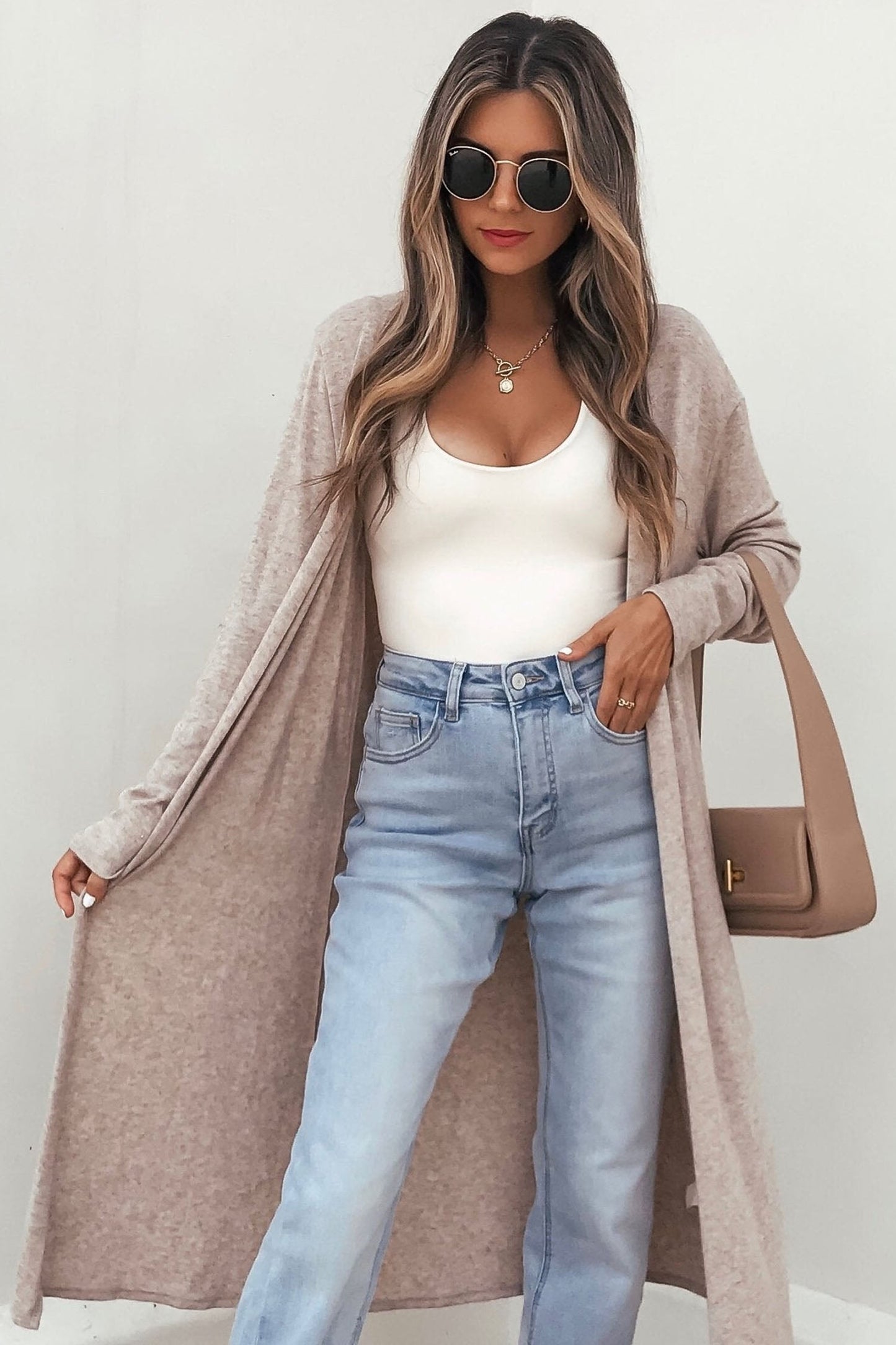 Solid Long Sleeve Open Front Tunic Cardigan