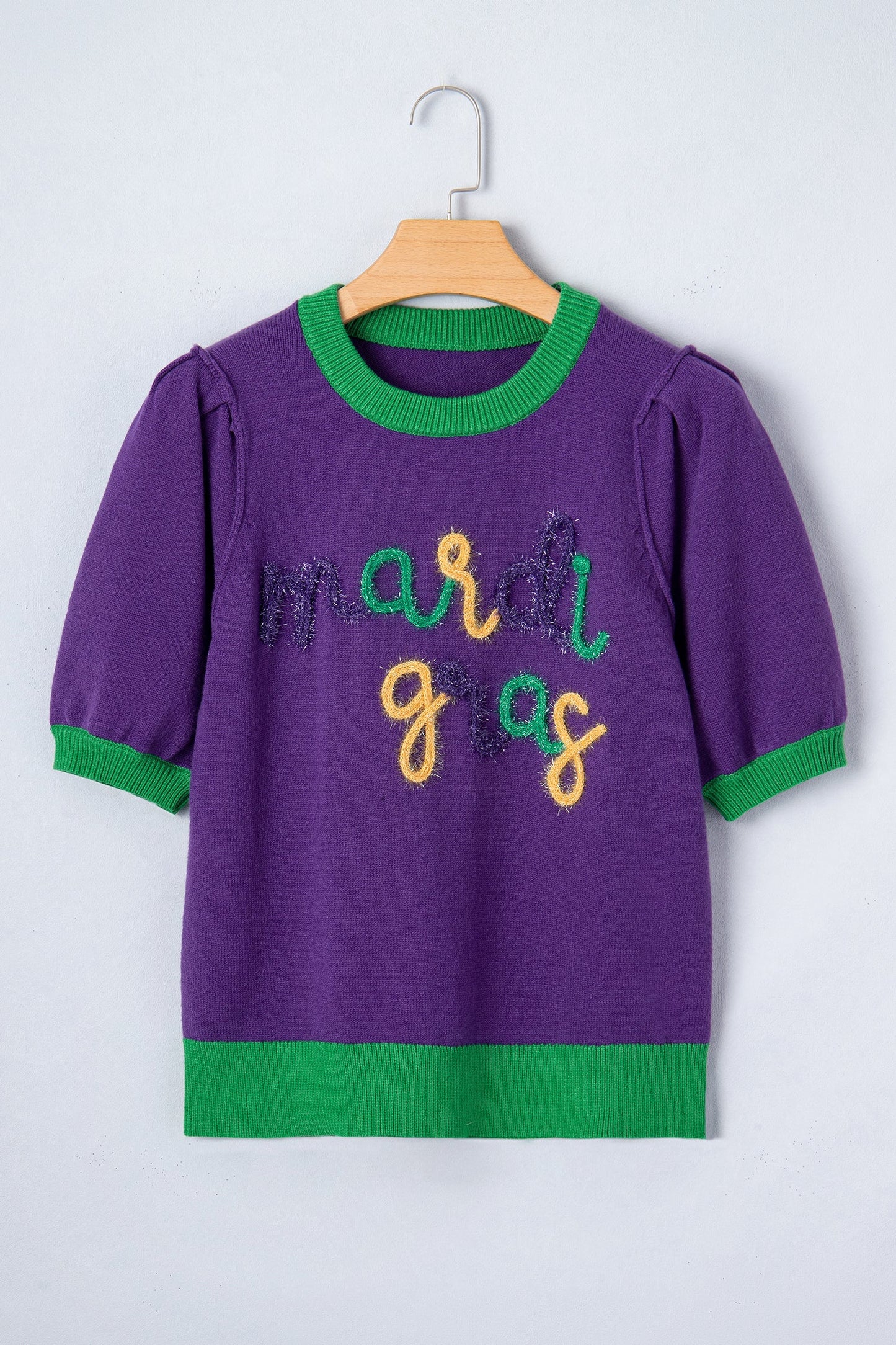 Mardi Gras Tinsel Embroidered Short Sleeve Sweater