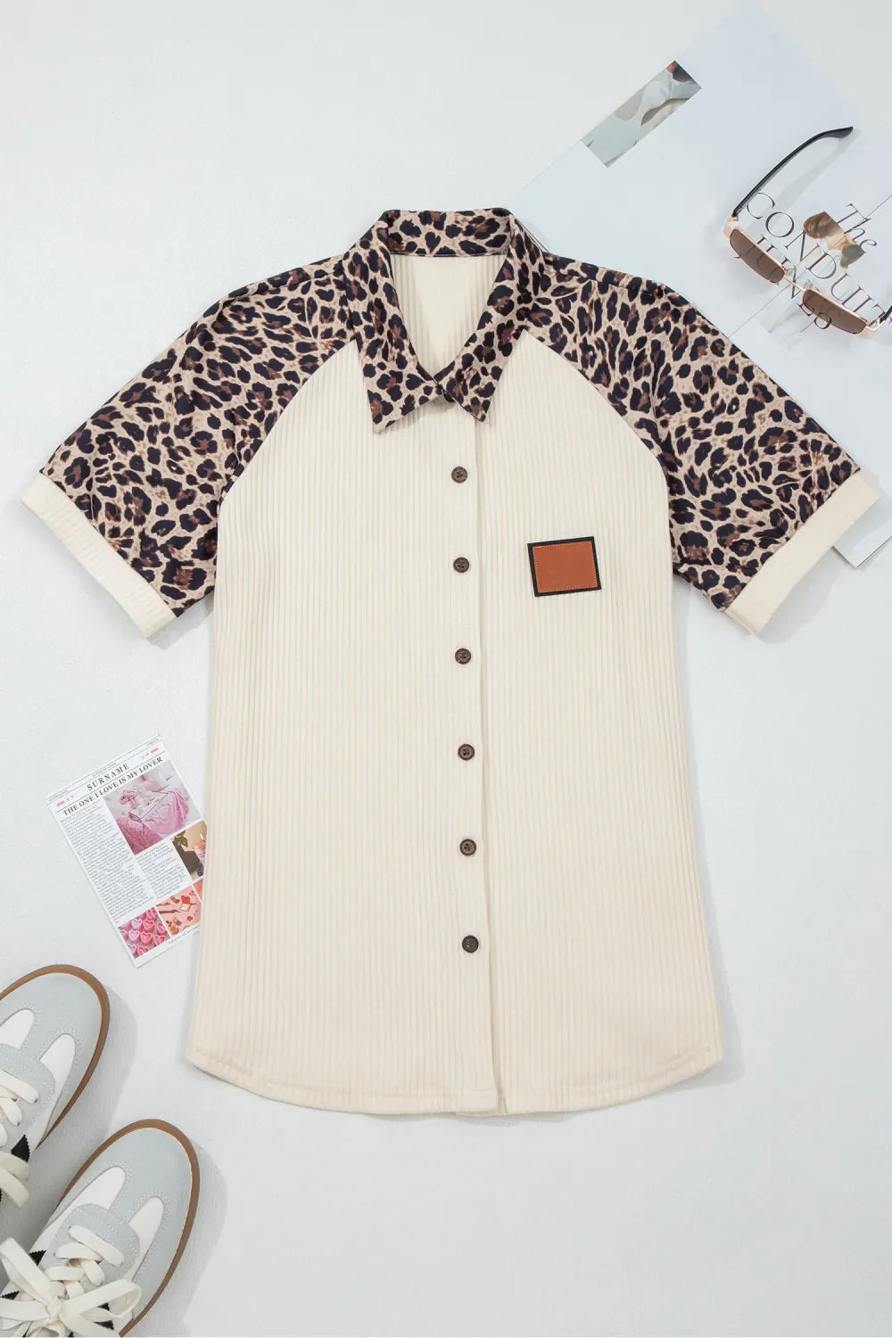 Leopard Patchwork Ribbed Button Down Shirt