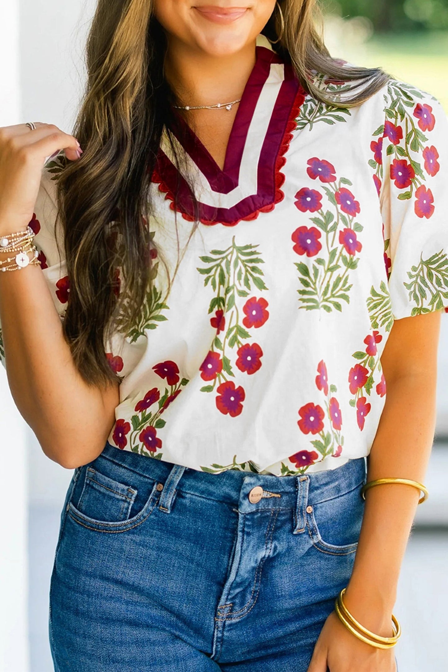Floral Short Bubble Sleeve Contrast Slit Blouse