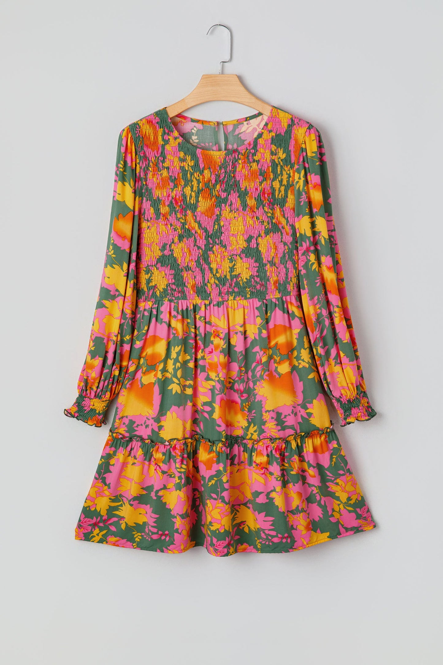 Floral Smocked Ruffle Hem Long Sleeve Mini Dress