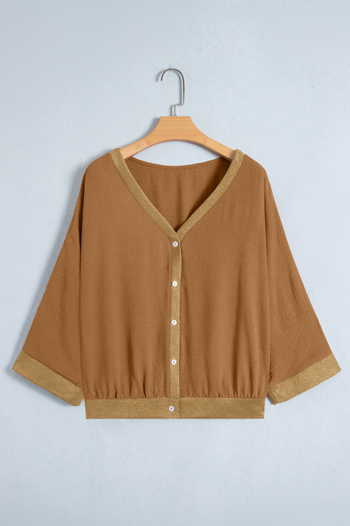 Metallic Trim 3/4 Sleeve Buttoned V-Neck Blouse