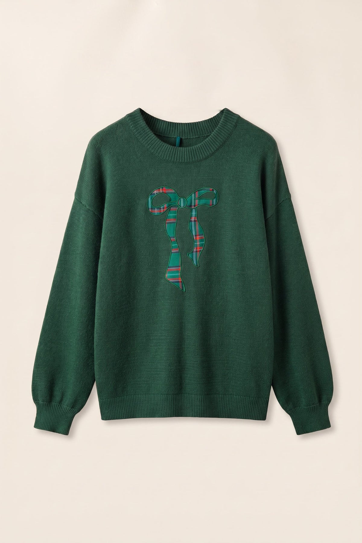 Christmas Plaid Bow Embroidered Tie Back Sweater