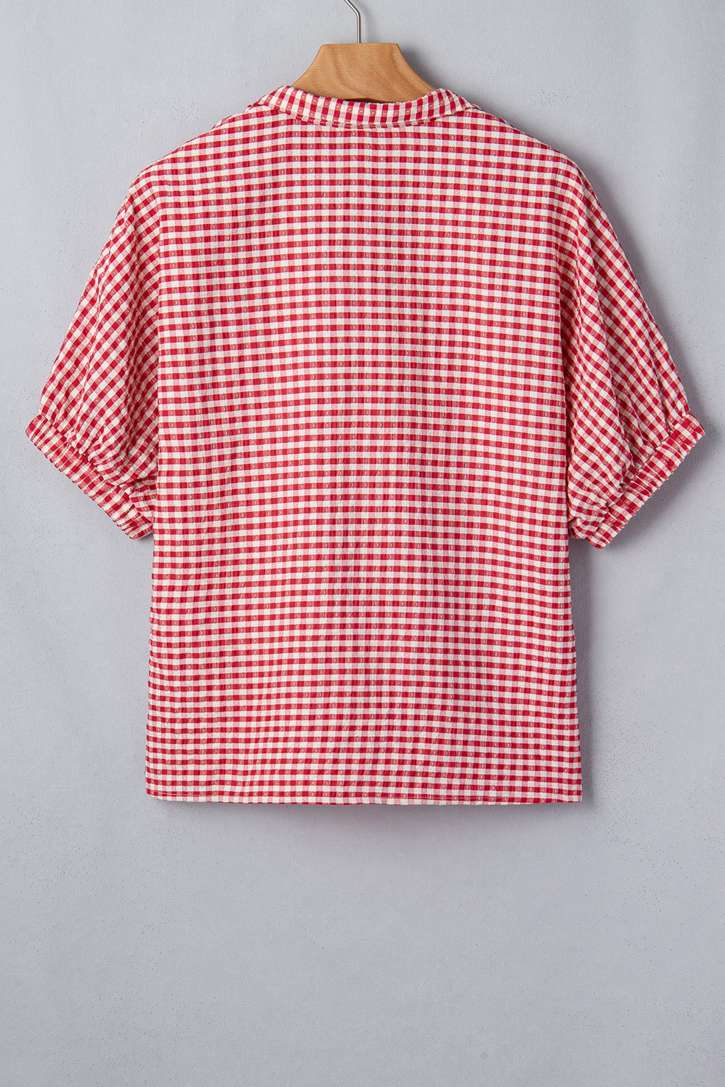 Gingham Plaid Colorblock Trim Split Neck Blouse
