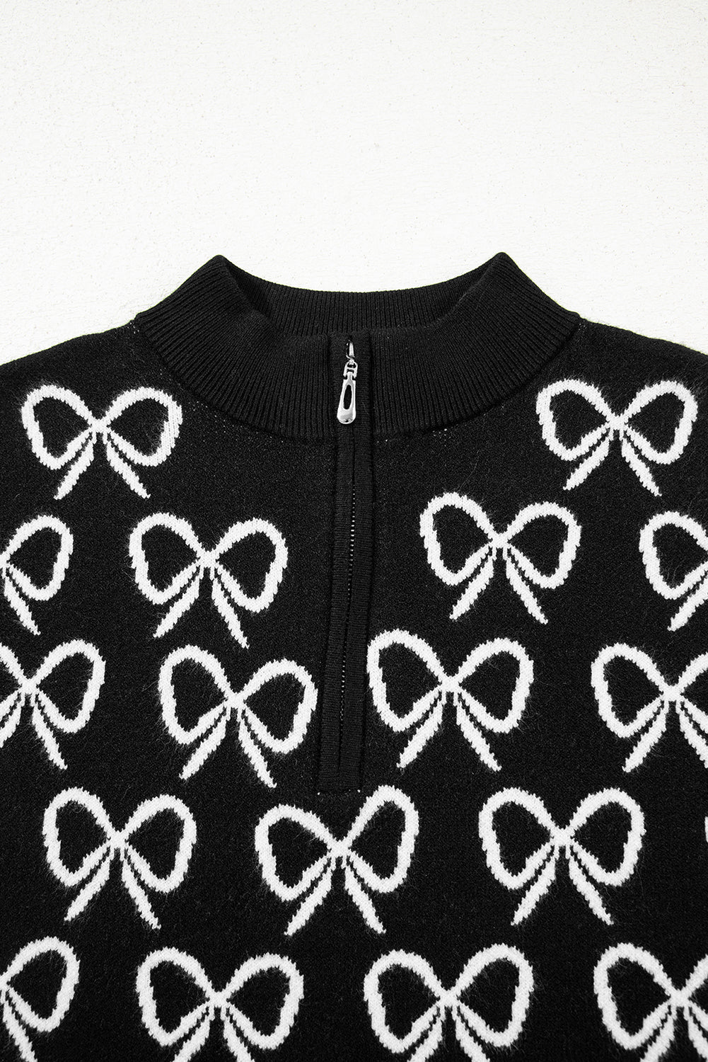 Bow Zipped Collar Drop Shoulder Sweater