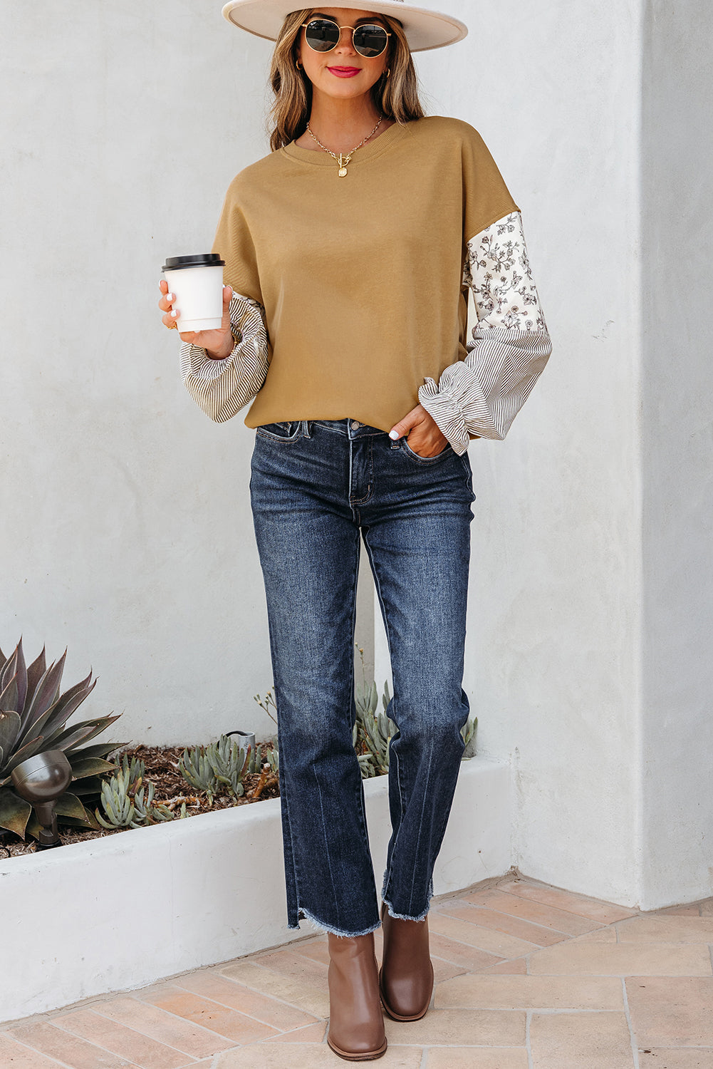 Floral Stripe Patchwork Ruffle Sleeve Crewneck Sweatshirt