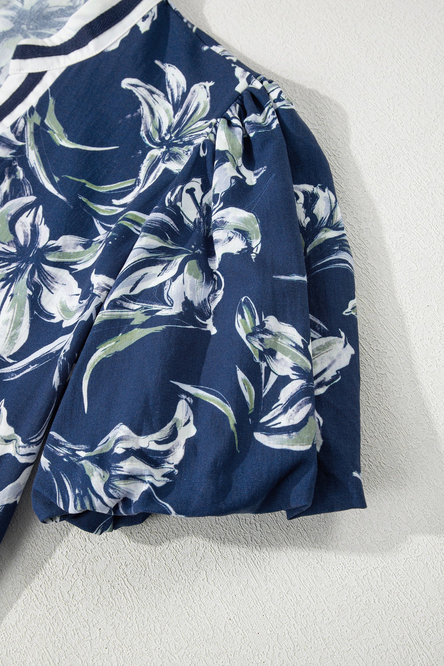 Floral Stripe Trim Puff Sleeve V-Neck Blouse