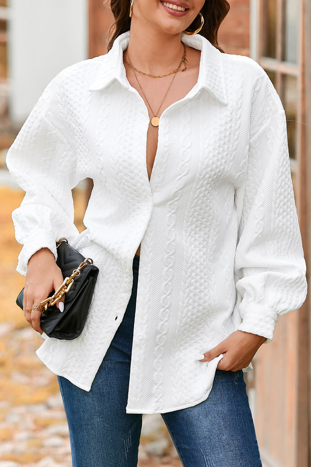 Solid Cable Knit Textured Puff Sleeve Shacket