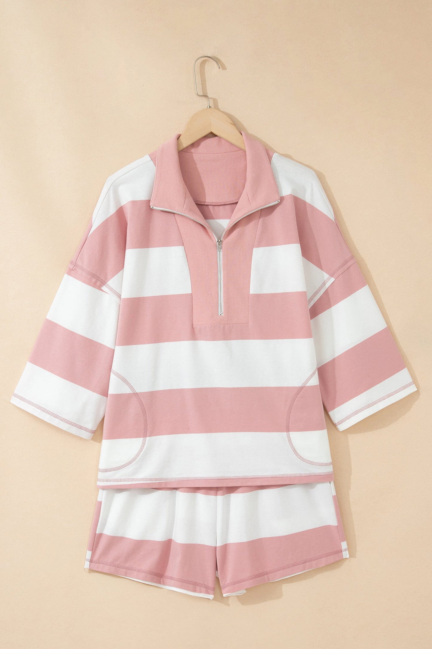 Stripe Half Zip 3/4 Sleeve Top & Shorts Set