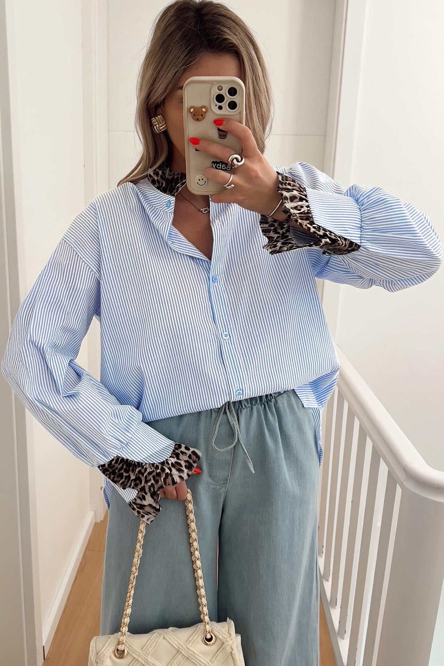 Stripe Patchwork Leopard Ruffle Long Sleeve Shirt