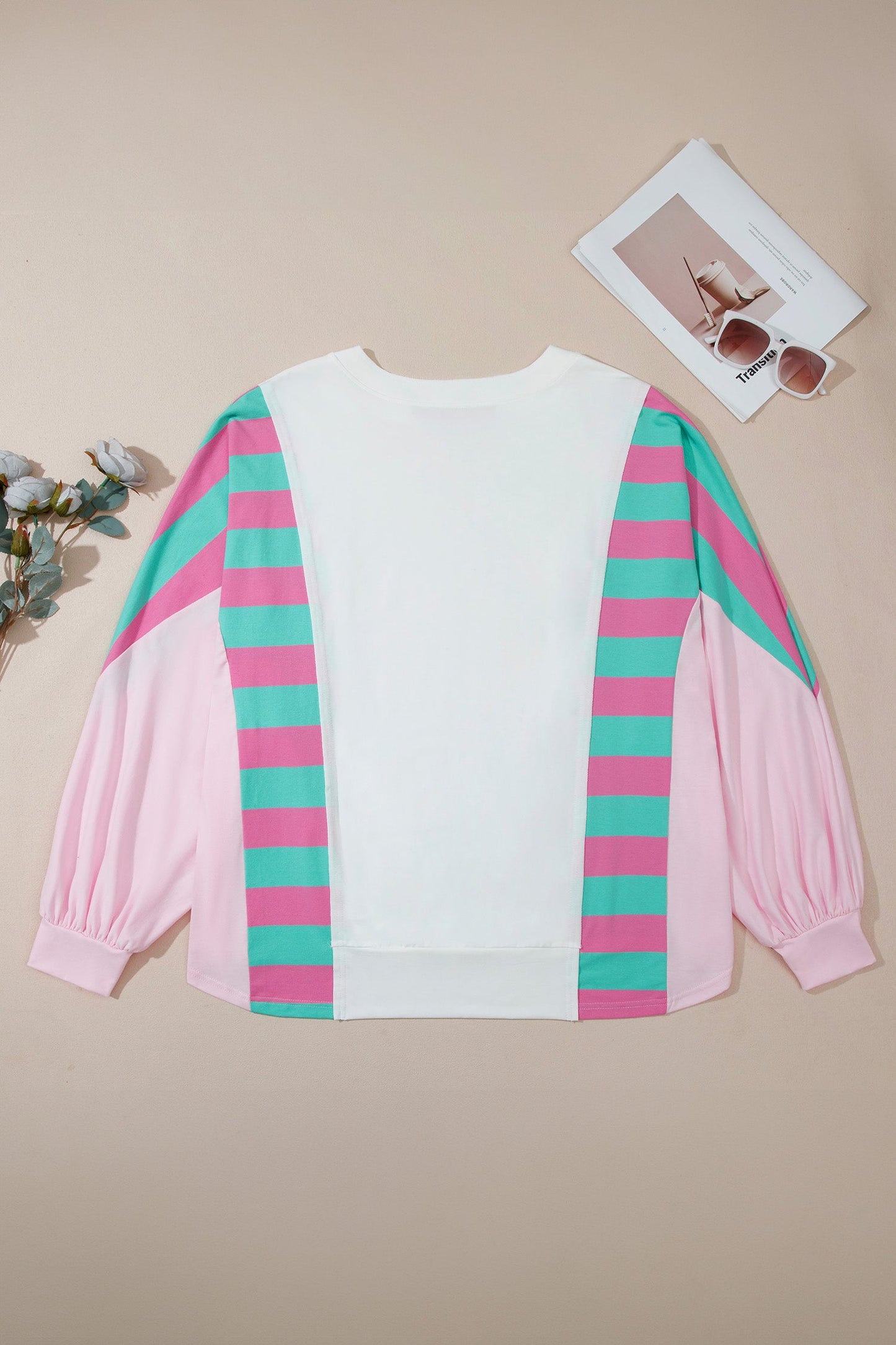 Plus Size Stripe Colorblock V-Neck Long Sleeve Blouse