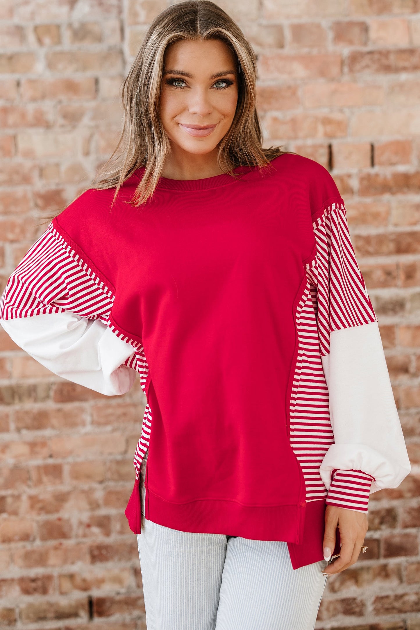 Stripe Patchwork Sleeve Colorblock Sweatshirt