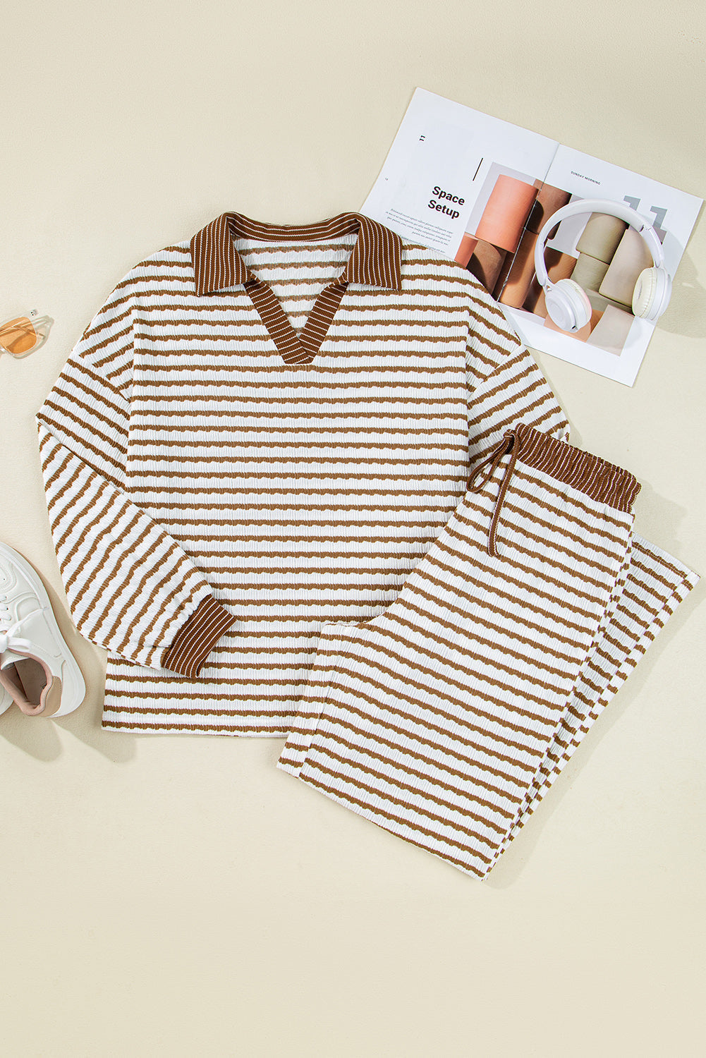 Stripe Collared Top and Drawstring Pants Set
