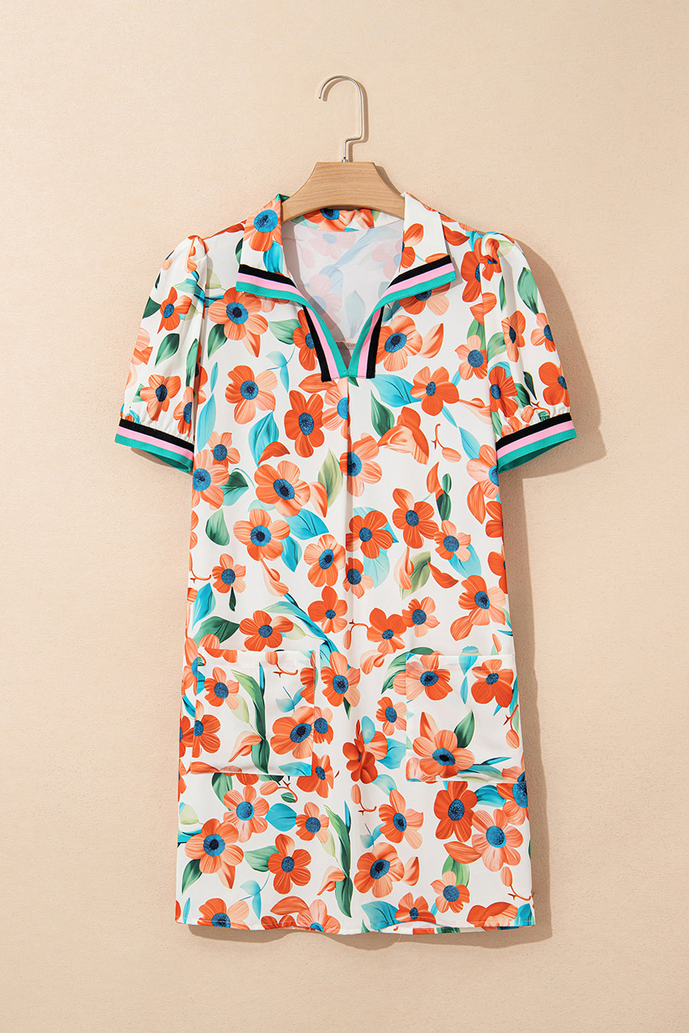 Floral Contrast Trim Split Neck Mini Dress