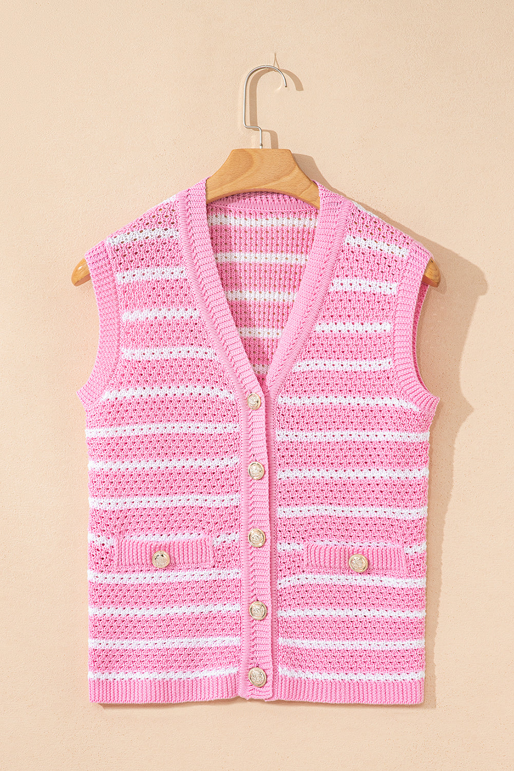 Stripe V-Neck Gold Button Sweater Top