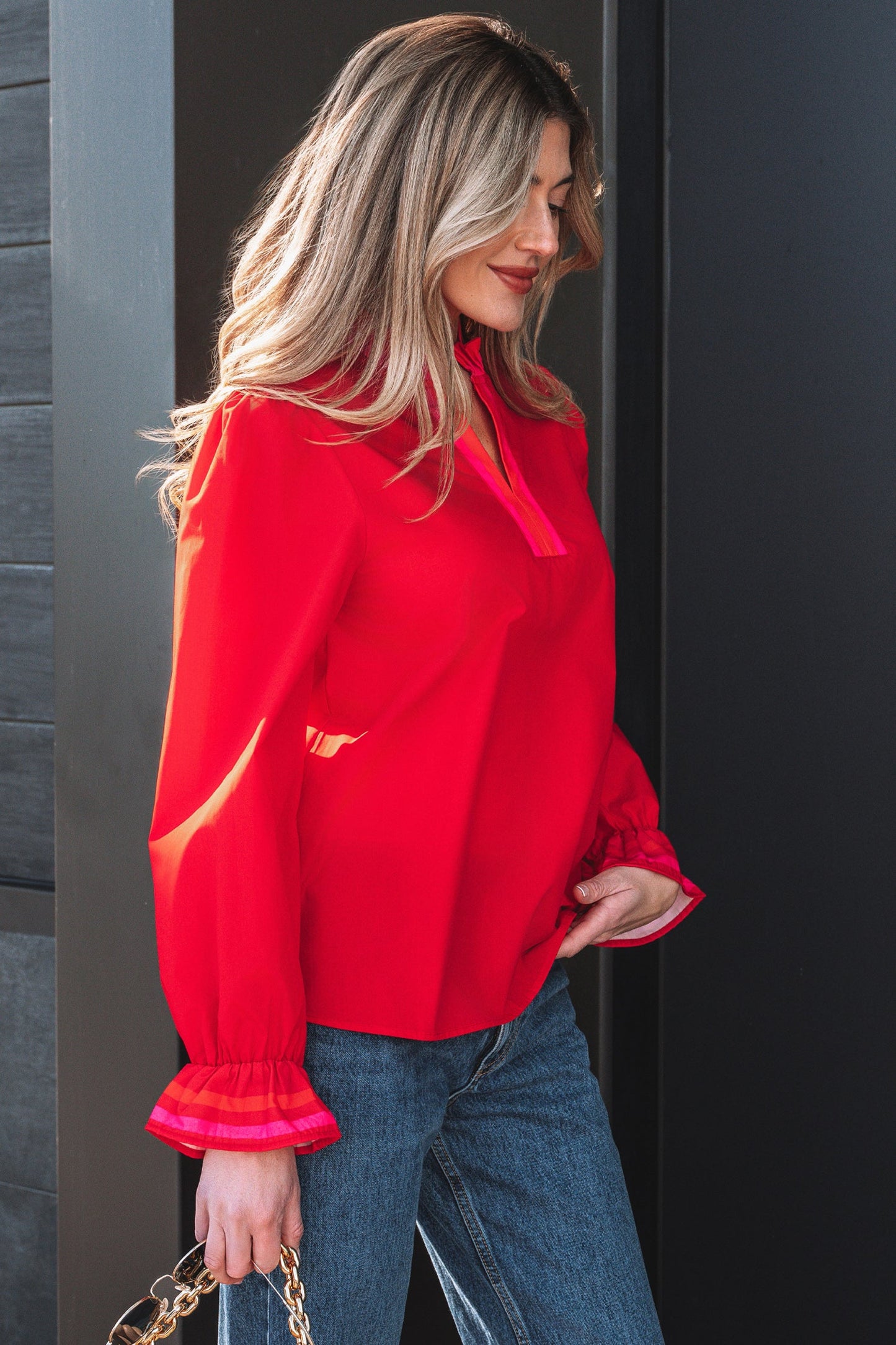 Stripe Trim Ruffle Split Neck Long Sleeve Blouse
