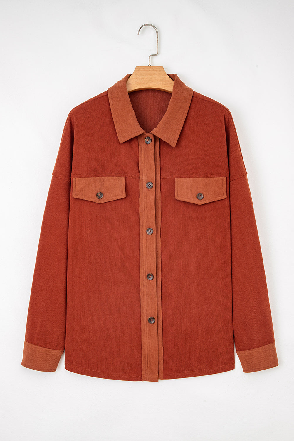 Velvet Button-Up Flap Pocket Drop Shoulder Shacket