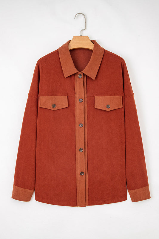 Velvet Button-Up Flap Pocket Drop Shoulder Shacket