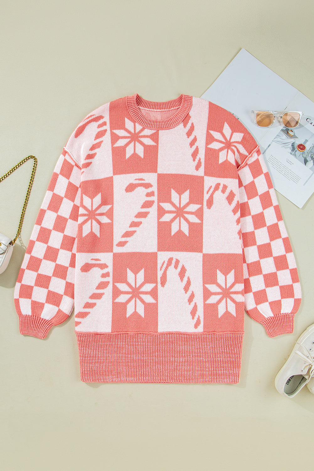 Candycane Snowflake Checker Christmas Holiday Sweater