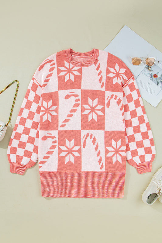 Candycane Snowflake Checker Christmas Holiday Sweater