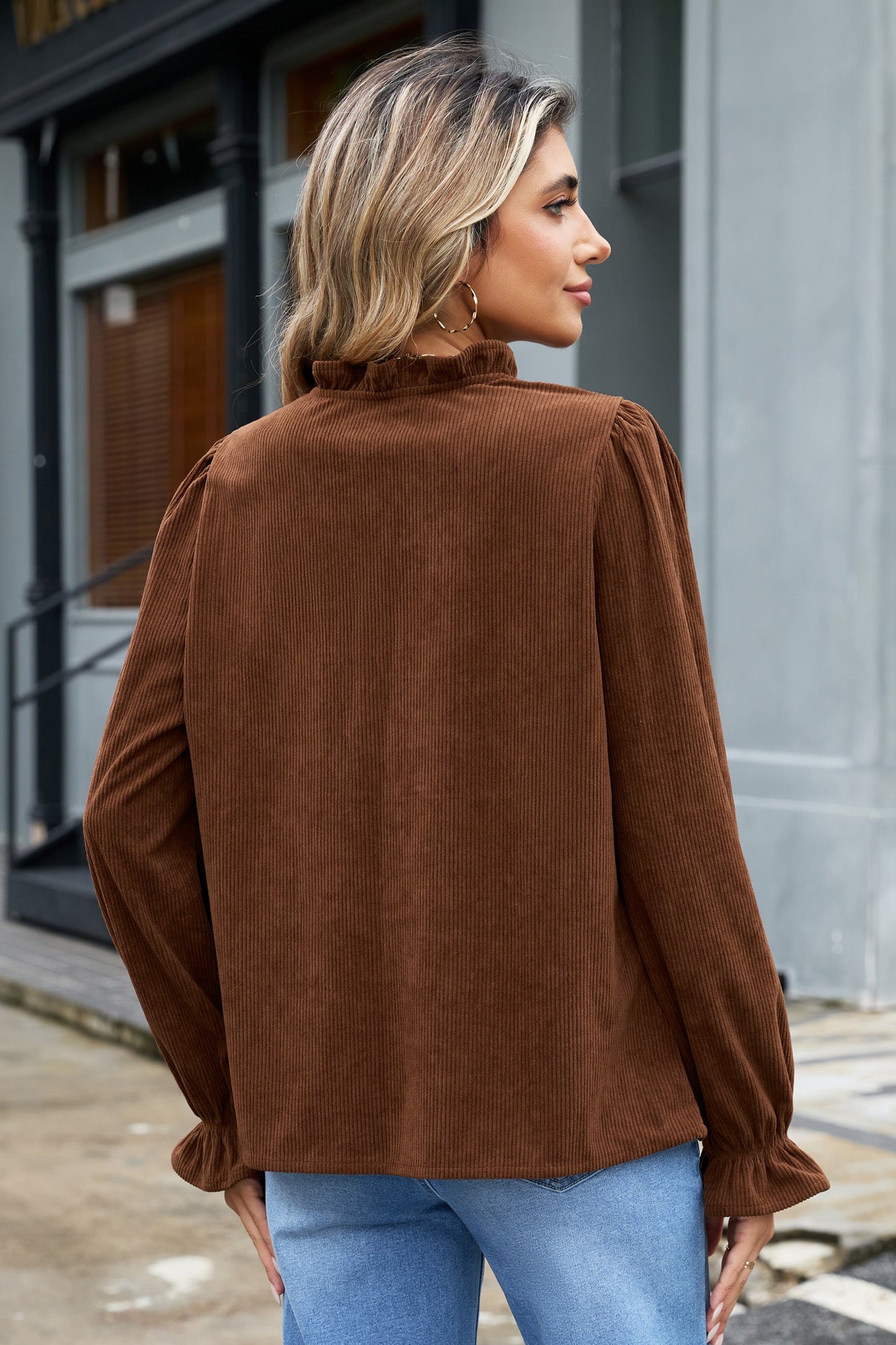 Solid Ruffle Trim V-Neck Long Sleeve Corduroy Shacket