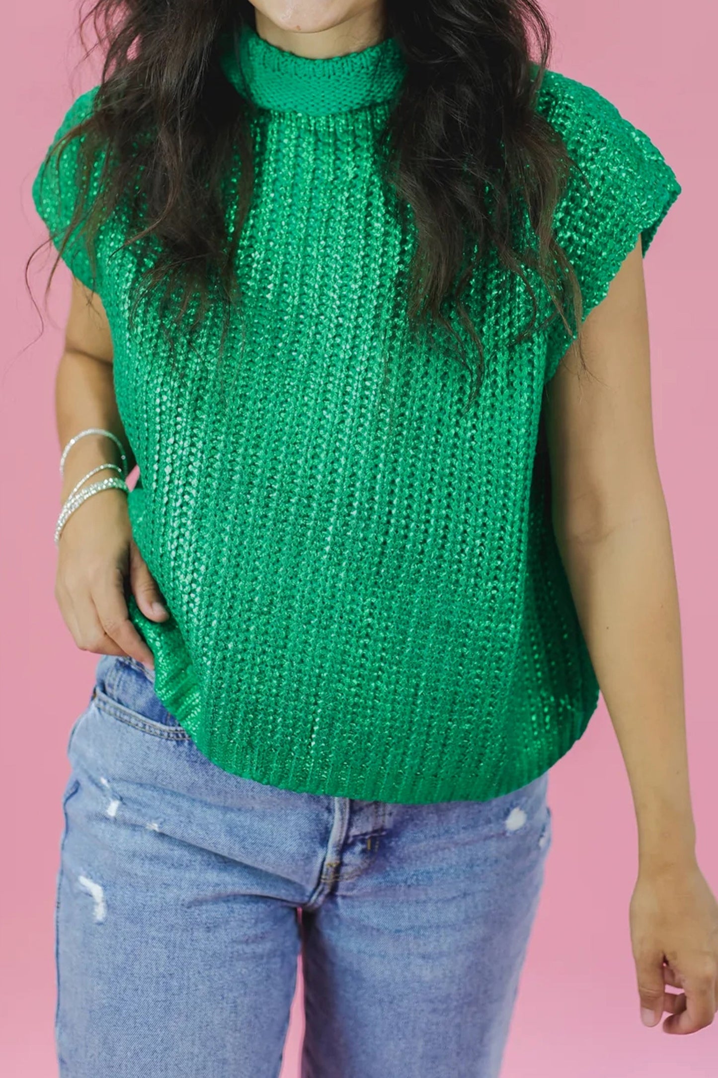 Solid Mock Neck Short Sleeve Knit Sweater
