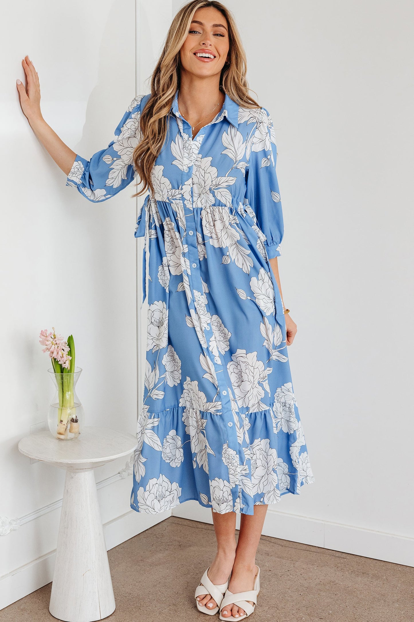 Floral Button-Front 3/4 Sleeve Ruffle Hem Dress