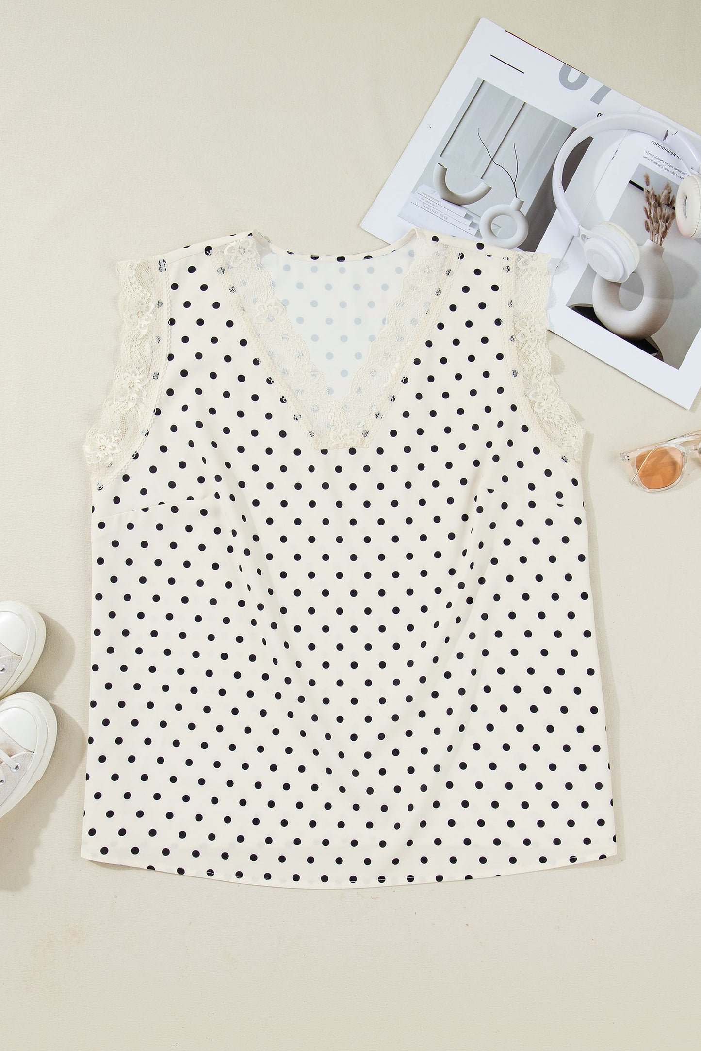 Plus Size Polka Dot Lace V-Neck Sleeveless Top