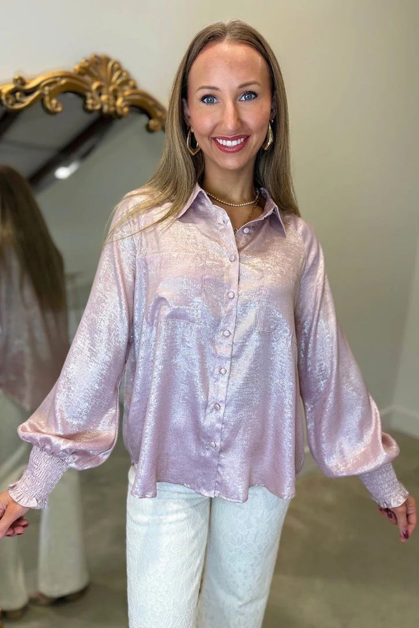 Ruffle Cuff Button Front Back Paneling Long Sleeve Shirt