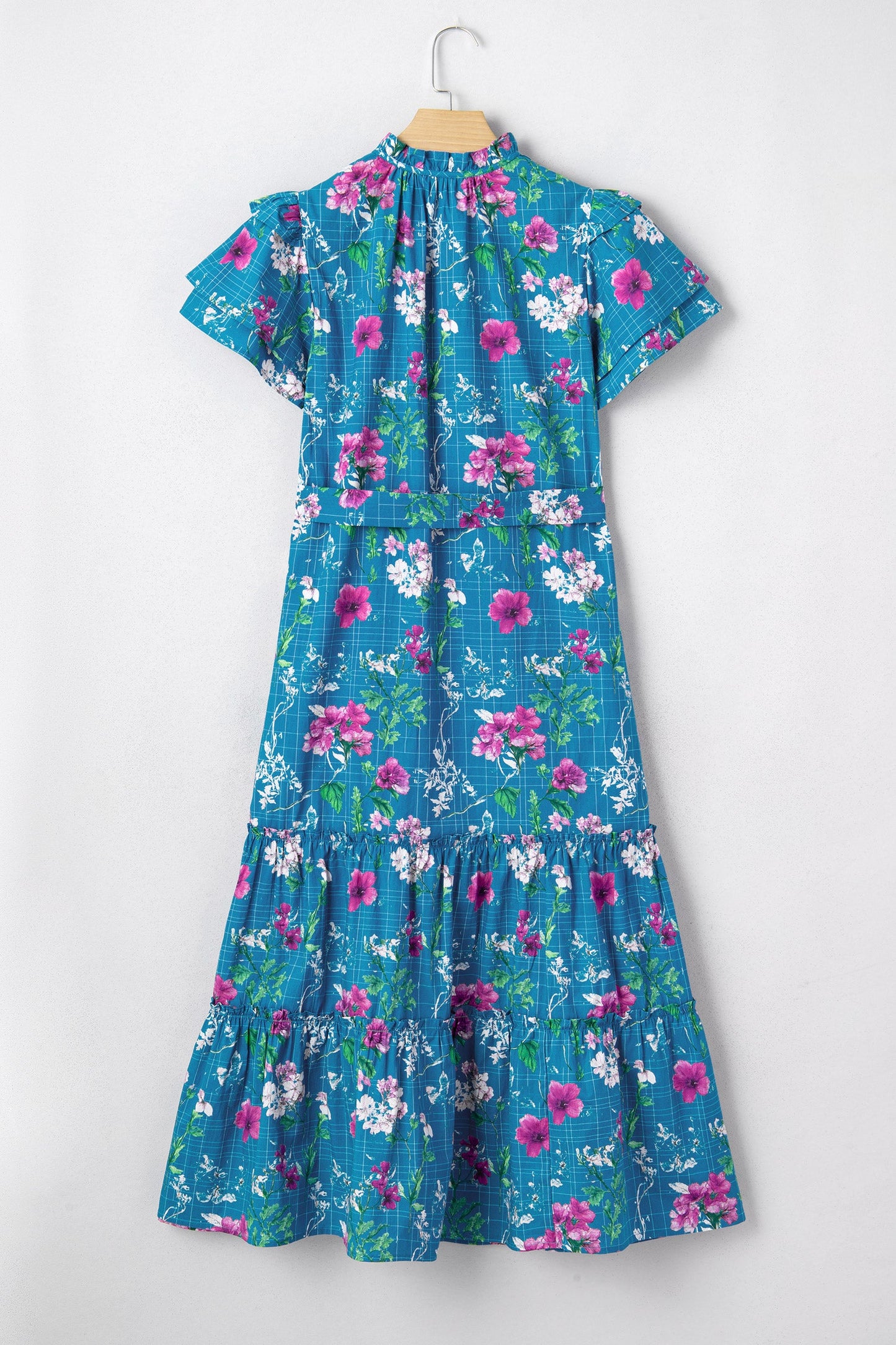 Floral Flutter Sleeve Tie Neck Belted Midi Dress