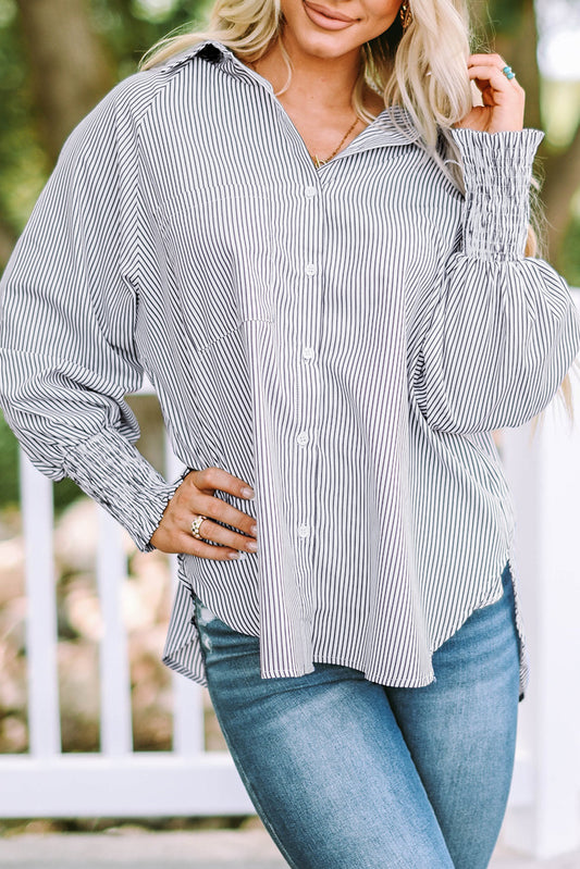 Stripe Smocked Button-Up Shirt