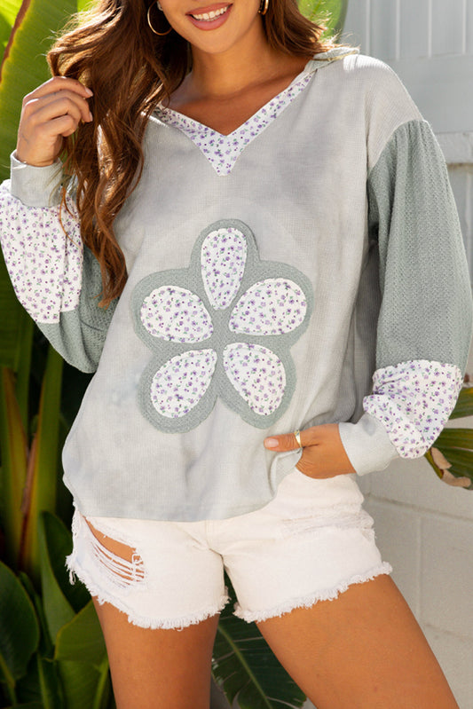 Floral Patchwork Waffle Textured V-Neck Hooded Top