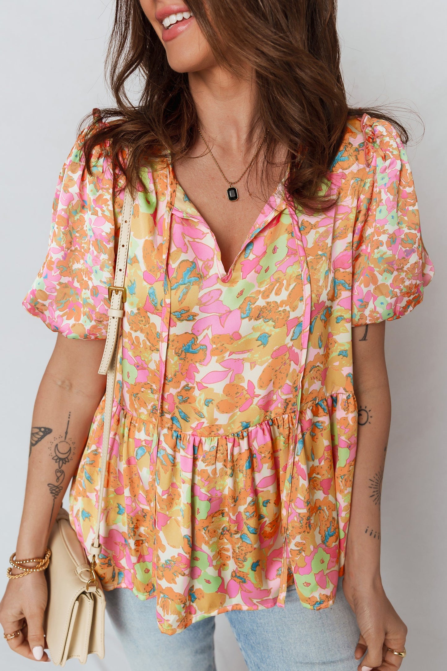 Flower Split V-Neck Short Sleeve Blouse