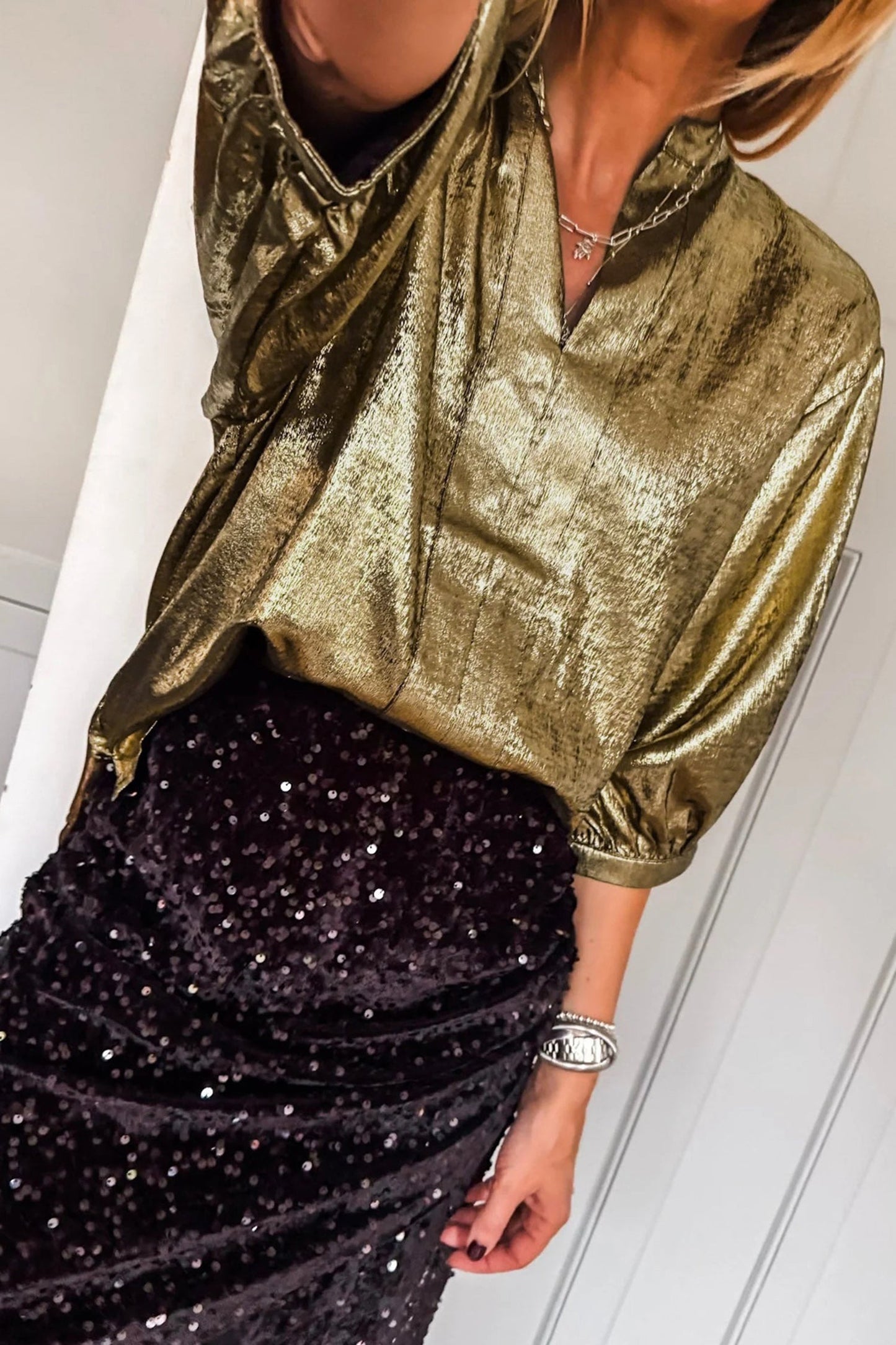 Metallic Split Neck 3/4 Sleeve Blouse