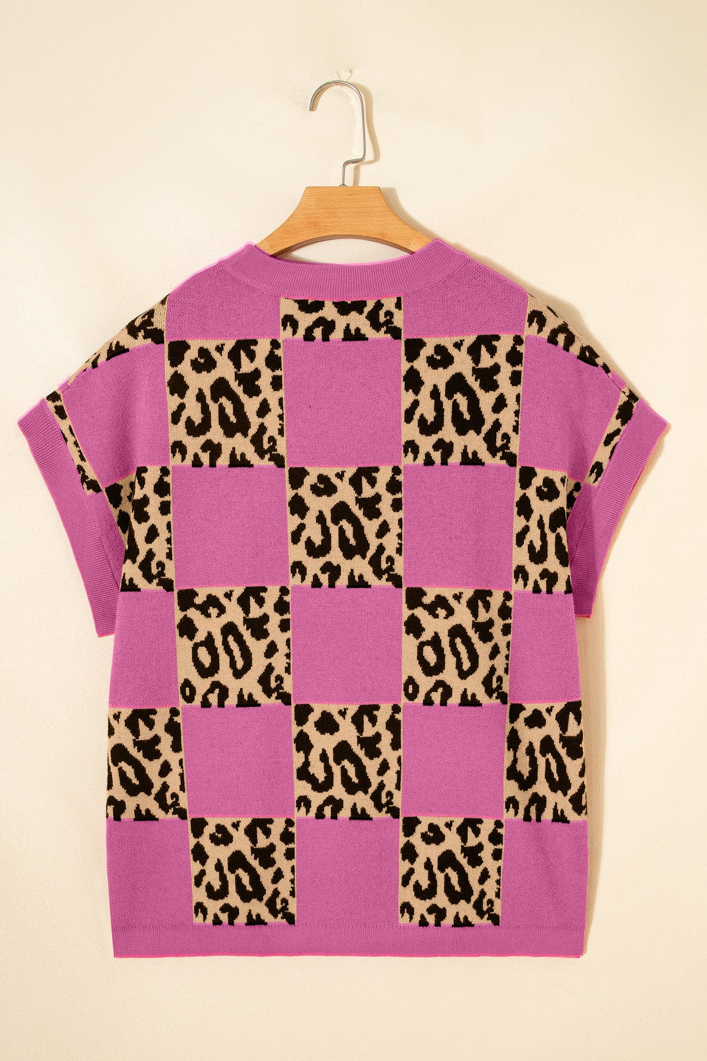 Leopard Checker Short Sleeve Knit Sweater