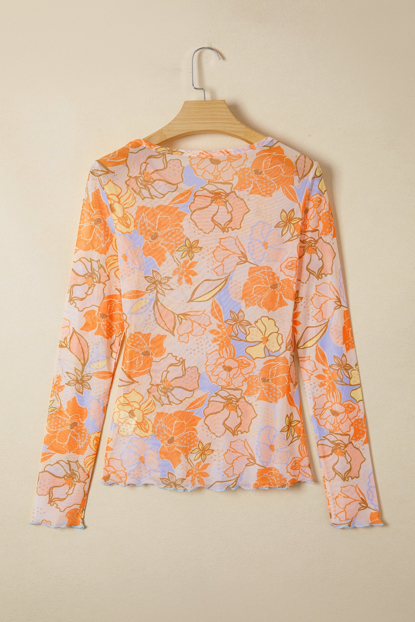 Floral Slim Lettuce Trim Long Sleeve Top