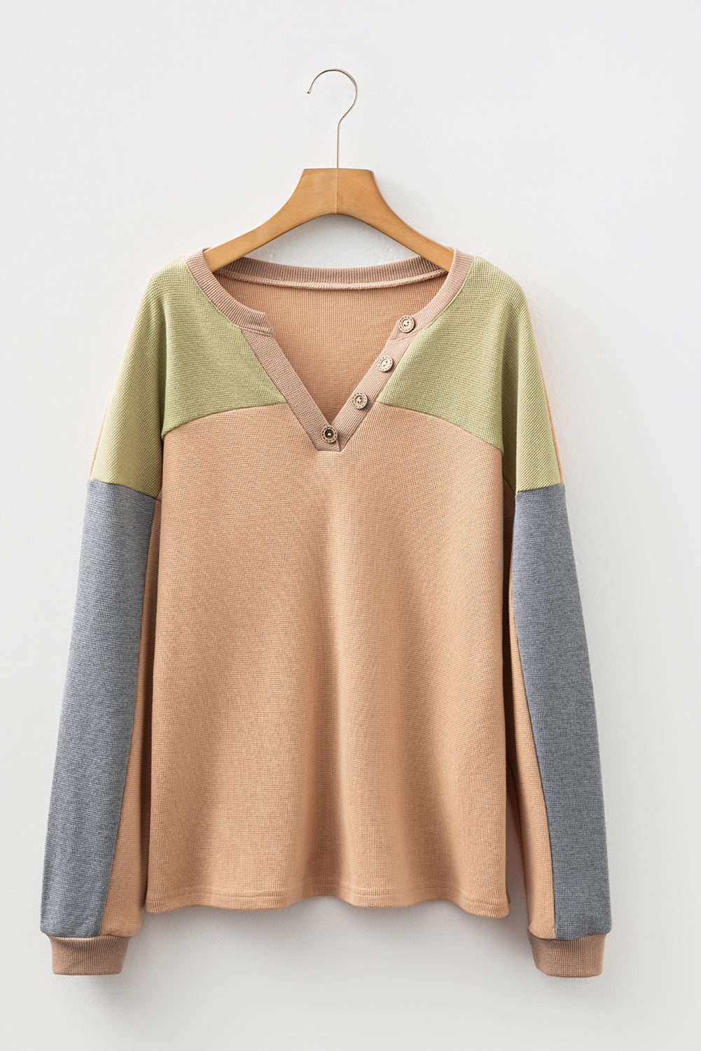 Colorblock Thermal Textured Knit Drop Shoulder Henley Top