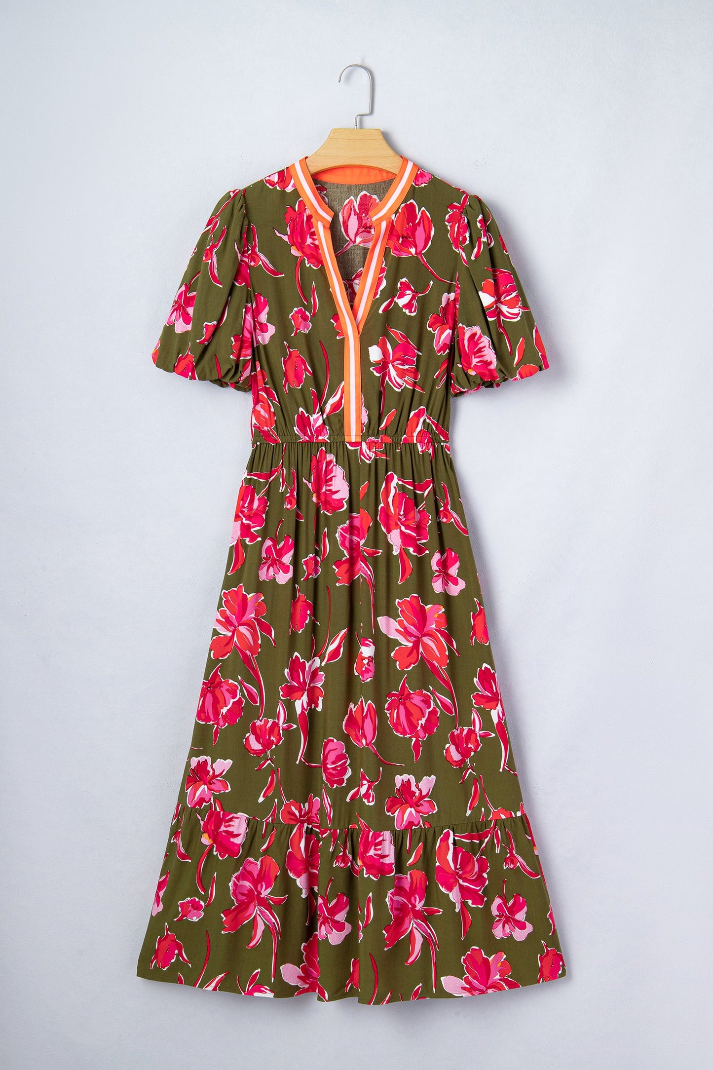 Floral Stripe Trim Puff Sleeve Split Maxi Dress