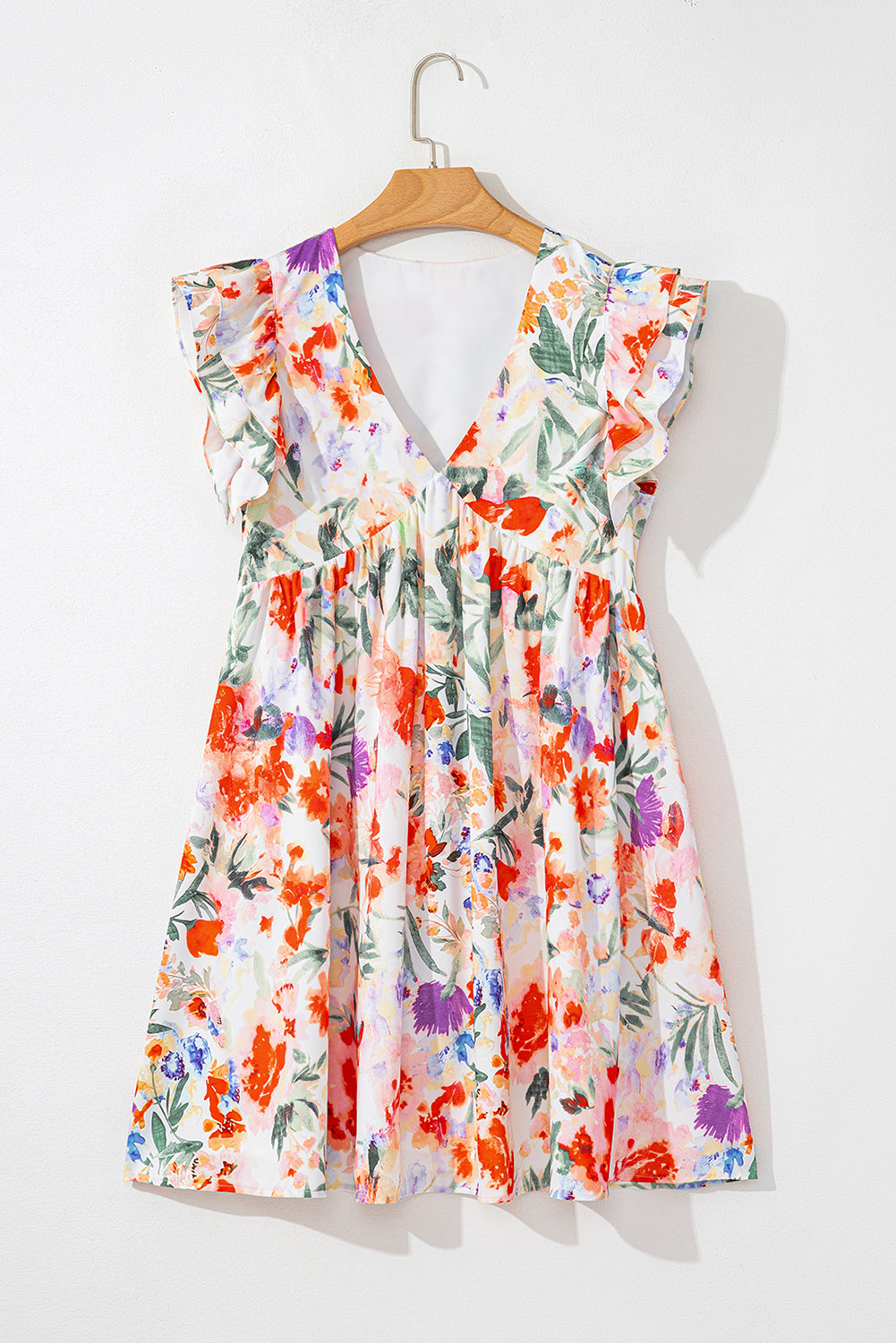Floral Double Ruffle Sleeve V-Neck Mini Dress