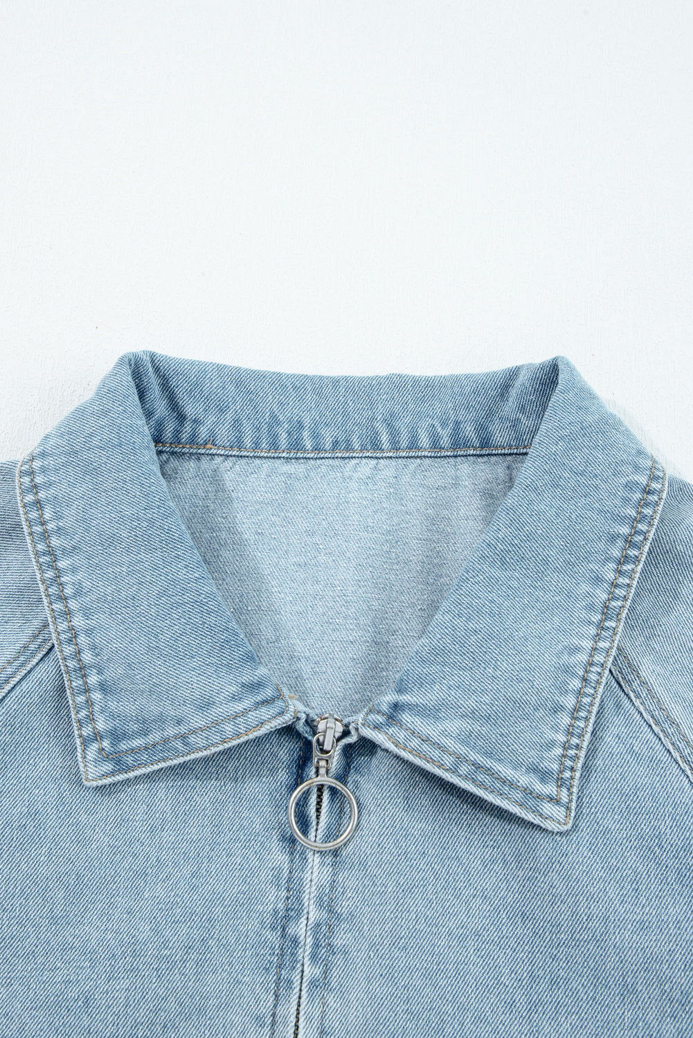 Denim Collared Zip-Up Elastic Edge Pocketed Jacket