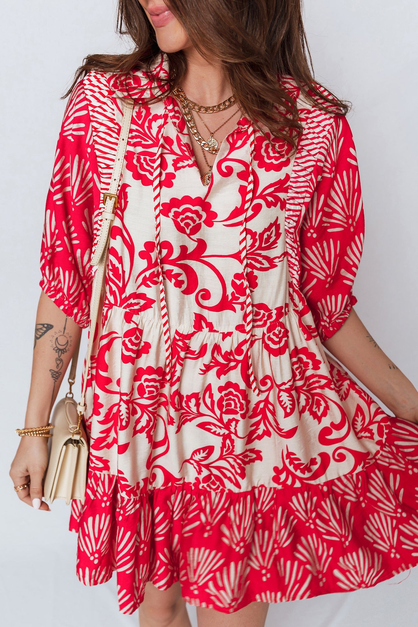 Flower V-Neck 3/4 Sleeve Collar Mini Dress