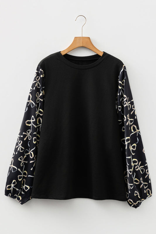 Plus Size Bow Patchwork Long Sleeve Blouse