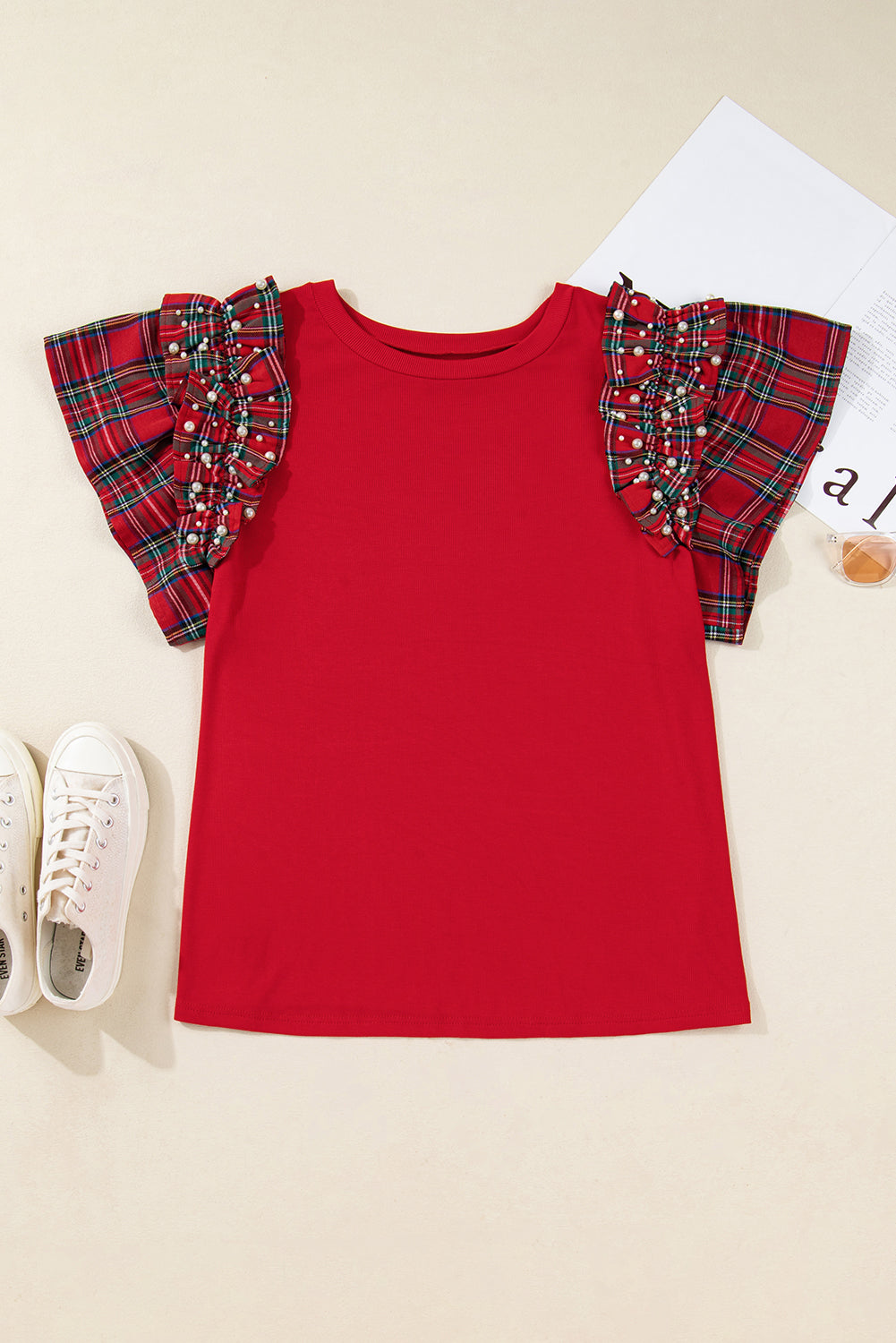 Plus Size Christmas Plaid Pearl Ruffle Sleeve T-shirt