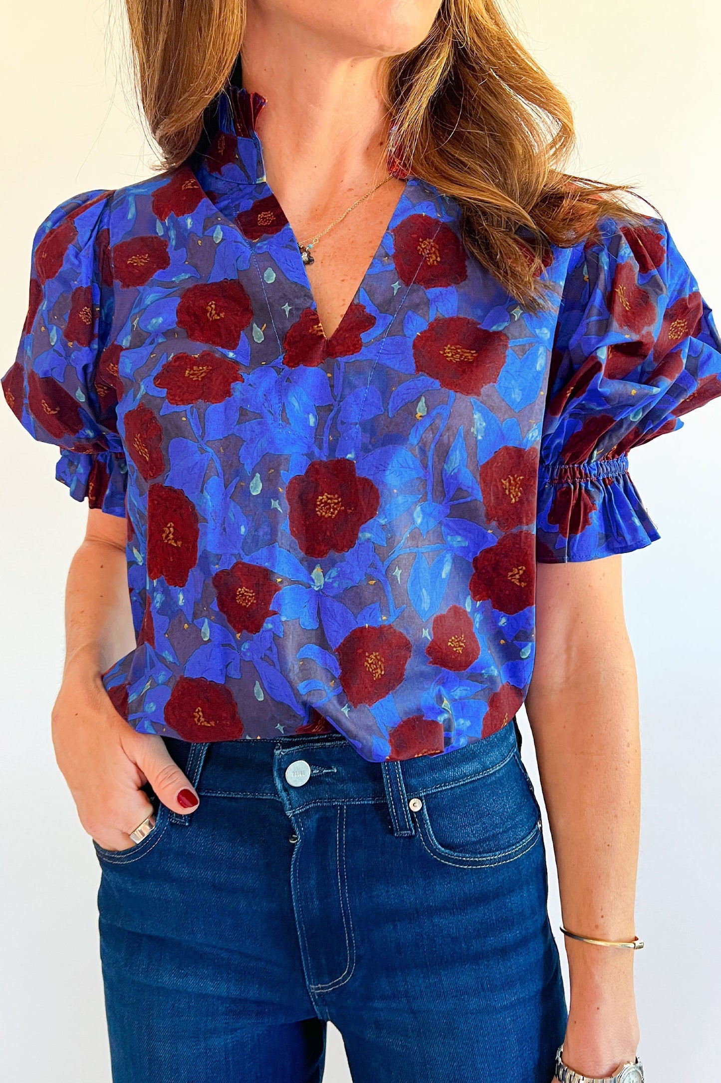 Floral Ruffle Frilled V-Neck Balloon Sleeve Blouse