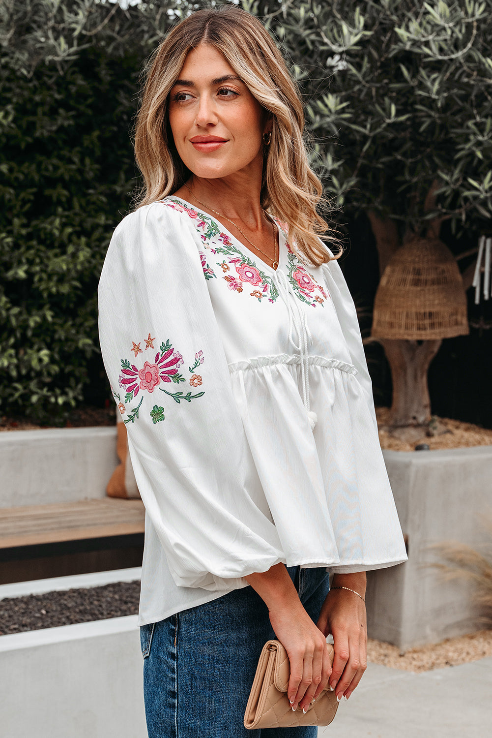 Floral Lace-Up V-Neck Babydoll Blouse